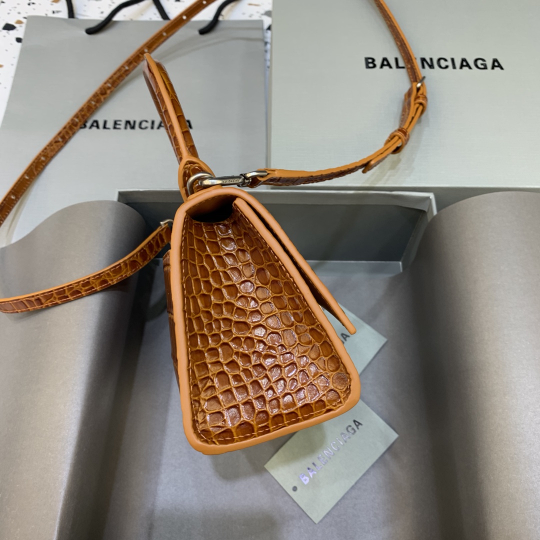 Balenciaga Hourglass XS Handbag Crocodile Embossed Shoulder Bag Brown